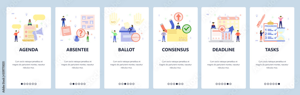 Poster mobile app onboarding screens. yes and no hand gesture, ballot, project deadline, to do list. menu v