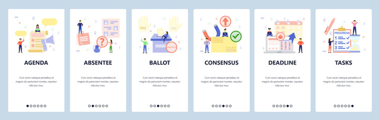 Mobile app onboarding screens. Yes and No hand gesture, ballot, project deadline, to do list. Menu vector banner template for website and mobile development. Web site design flat illustration