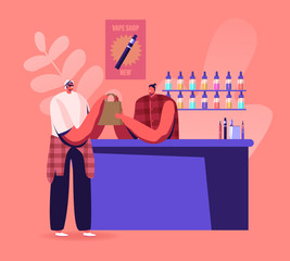 Vape Shop Business. Urban Hipster in Store Selling Electronic Cigarette Production to Client Giving Bag at Counter Desk, Selection of E-liquids, Buy and Enjoy Vaping. Cartoon Flat Vector Illustration