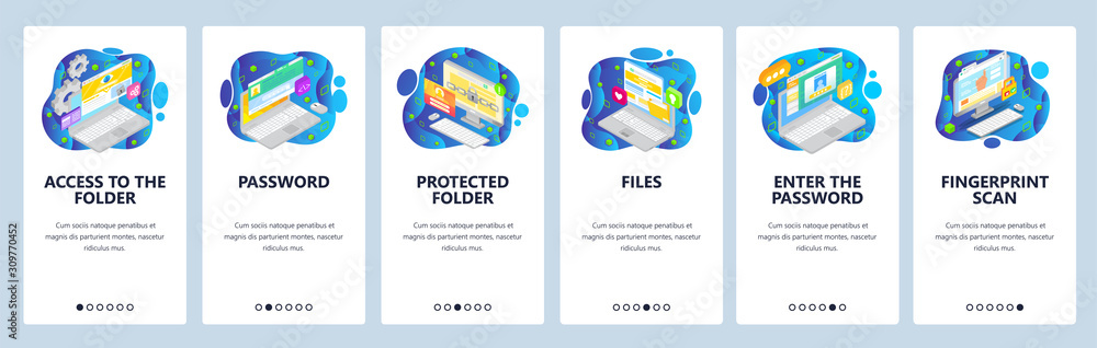 Poster mobile app onboarding screens. files secure access, cyber security, account login, password, fingerp