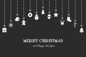 Fototapeta na wymiar Beautiful Christmas card with hanging icons and greetings. Xmas ornament. Vector