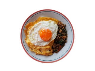 Basil Minced Pork Rice. Omelette Rice and Fried Eggs. Street food in Thailand.