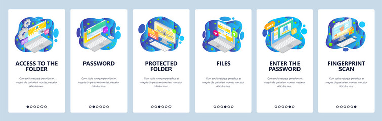 Mobile app onboarding screens. Files secure access, cyber security, account login, password, fingerprint scan. Vector banner template for website and mobile development. Web site design illustration