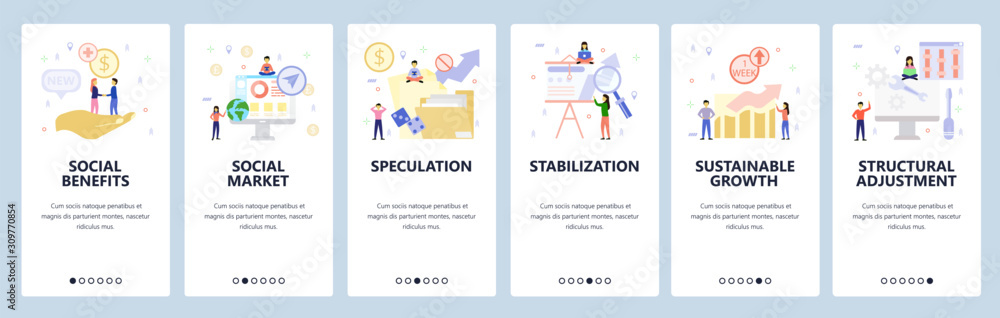 Poster mobile app onboarding screens. social benefit and welfare, business charts and presentation, financi