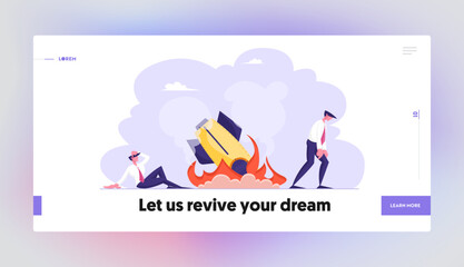 Company Startup Idea Failed. Bad Fortune, Fiasco Website Landing Page. Shocked Business Men Looking on Burning Spaceship or Rocket Fall Down on Ground Web Page Banner. Cartoon Flat Vector Illustration