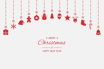 Concept of Christmas background with hanging icons and wishes. Festive ornament. Vector