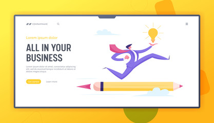 Obraz na płótnie Canvas Creative Idea Innovation, Leadership Challenge Website Landing Page. Business Man Character Holding Glowing Light Bulb in Hand Flying on Rocket Pencil Web Page Banner. Cartoon Flat Vector Illustration