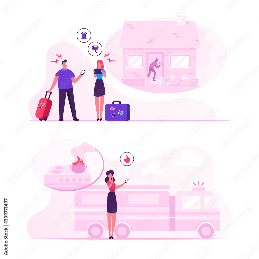 Poster safe home concept. people getting notification from smart control system at electronic device smartp
