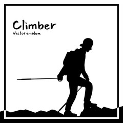 Nature exploration logo. Man climbs to the top of mountain. Vector emblem. Hiking silhouette. Graphic design elements. Climber with backpack, travel sticks and binoculars hike on the hills.