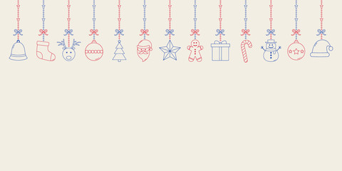 Hanging Christmas elements. Empty card with ornaments and copyspace. Vector illustration