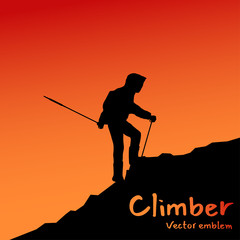 Nature exploration illustration. Man climbs to the top of mountain. Vector emblem. Hiking silhouette. Evening sunset scene. Climber with backpack, travel sticks and binoculars hike on the hills.