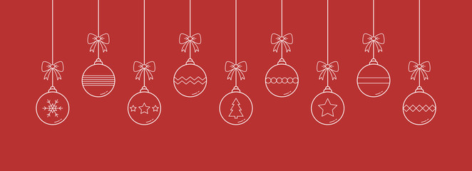 Naklejka premium Hanging Christmas balls. Banner with ornaments. Vector illustration