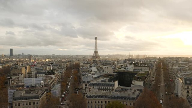 Paris skyline in winter sun with Eiffel tower.