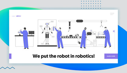 Artificial Intelligence Technology Website Landing Page. Engineers Making and Programming Robots in Laboratory with Hi-Tech Equipment Web Page Banner. Cartoon Flat Vector Illustration, Line Art
