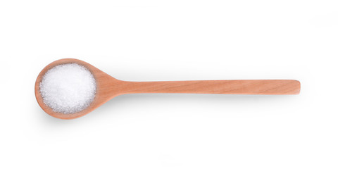 sugar with wooden spoon isolated on white background.