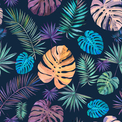 Fototapeta na wymiar Seamless pattern. Tropical plants on a dark background. Watercolor drawing. For design, textile, Wallpaper, fabric, illustration, design, scrapbooking.