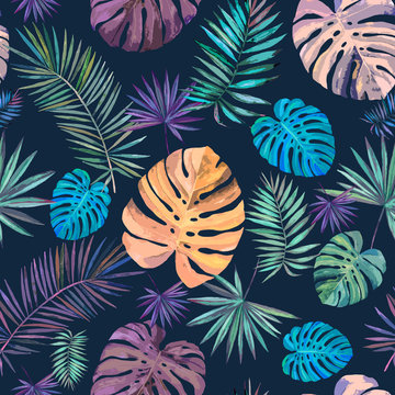 Seamless pattern. Tropical plants on a dark background. Watercolor drawing. For design, textile, Wallpaper, fabric, illustration, design, scrapbooking.