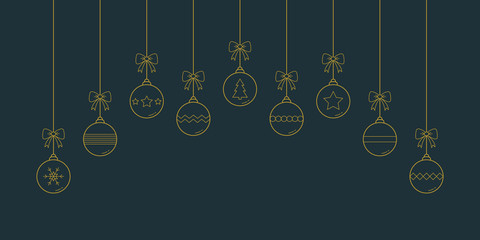 Beautiful Christmas balls hanging on dark blue background. Xmas ornament. Vector