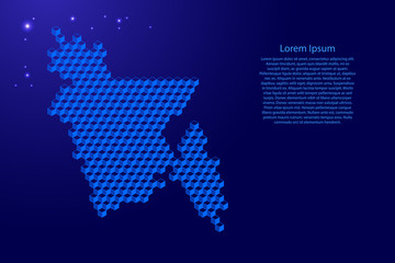 Bangladesh map from 3D classic blue color cubes isometric abstract concept, square pattern, angular geometric shape, glowing stars. Vector illustration.