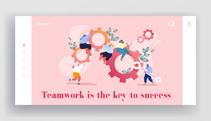 Working Routine Process, Teamwork Website Landing Page. Male and Female Characters Moving Huge Gear Mechanism. Woman Managing Cogwheel Process at Pc Web Page Banner. Cartoon Flat Vector Illustration