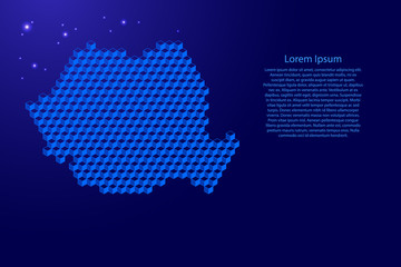 Romania map from 3D blue cubes isometric abstract concept, square pattern, angular geometric shape, glowing stars. Vector illustration.