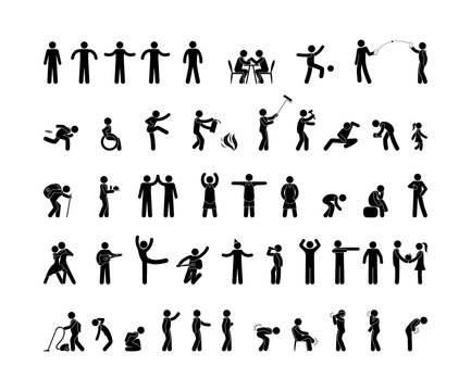 people pictogram in various poses, stick figure man isolated silhouette, human symbol icon