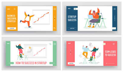 Businesspeople Celebrate Financial Breakthrough and Business Success Website Landing Page Set. Happy Managers Rejoice for Successful Startup Launch Web Page Banner. Cartoon Flat Vector Illustration