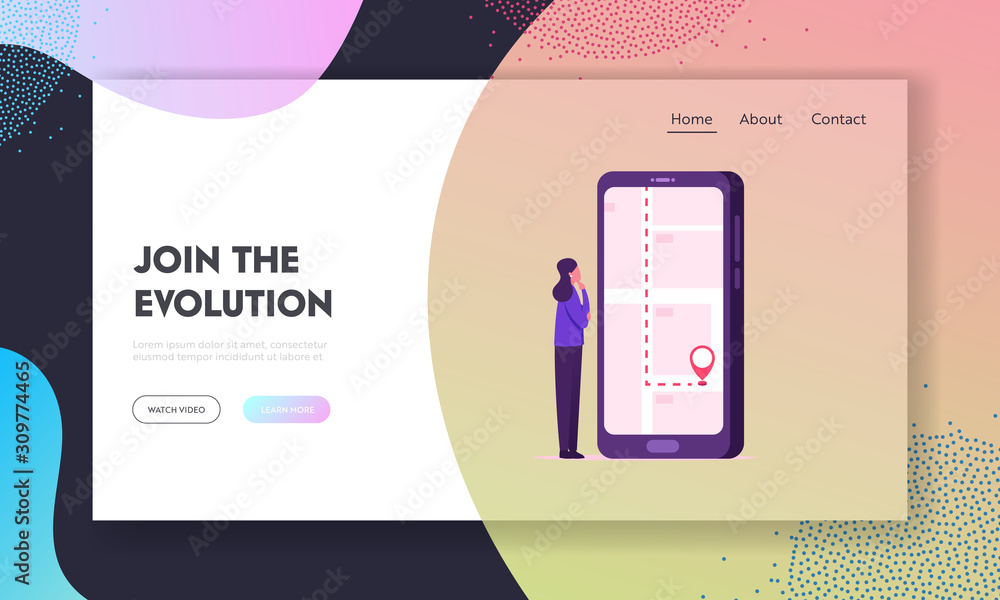 Poster mobile navigation website landing page. girl using mobile phone to pave the way using application wi