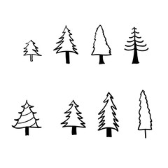 Set of illustrations of pine trees. Design element for poster, emblem, sign, logo, label. with hand drawn doodle style Vector illustration