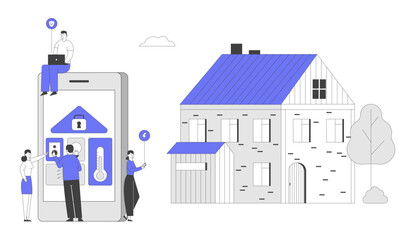 People at Huge Tablet with App for Smart House Technology System with Centralized Control. Lighting Heating Ventilation and Air Conditioning Security Service Cartoon Flat Vector Illustration, Line Art