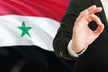 Syria acceptance concept. Elegant businessman is showing ok sign with hand on national flag...