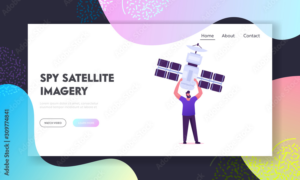Aufkleber digital cable communication network website landing page. man holding satellite. wireless mobile con