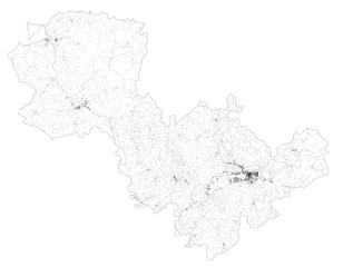 Satellite map of Province of Terni, towns and roads, buildings and connecting roads of surrounding areas. Umbria region, Italy. Map roads, ring roads