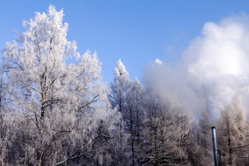 Beautiful winter day with white trees, blue sky and metal chimney with smoke