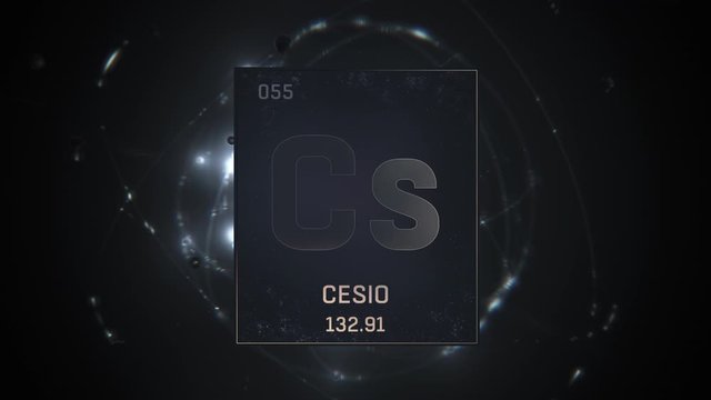 Cesium as Element 55 of the Periodic Table. Seamlessly looping 3D animation on silver illuminated atom design background with orbiting electrons. Name, atomic weight, element number in Spanish languag