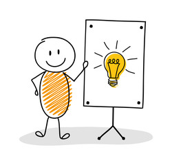 Business cartoon person with whiteboard and light bulb icon. Vector