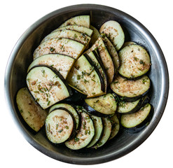 The sliced eggplant is delicious for barbecue. Sprinkled with herbs, spices and marinade. Closeup. - 309775274