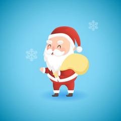 Festive Christmas funny Santa Claus holding big bag with presents, vector illustration.