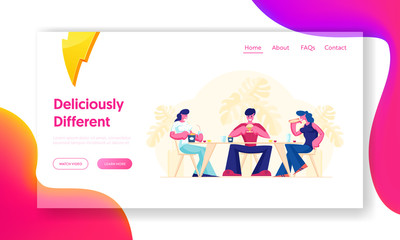Friends Meeting in Fastfood Cafe or Bar Website Landing Page. Company of Young People Having Meal in Modern Restaurant Eating Fast Food, Communicating Web Page Banner. Cartoon Flat Vector Illustration