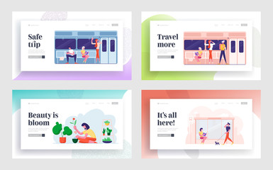 Fototapeta na wymiar People Going by Metro, Waiting on Bus Stop, Gardening Hobby Website Landing Page Set. Characters Using Commuter Transport, Care of Potted Home Plants Web Page Banner. Cartoon Flat Vector Illustration