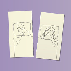 illustration with a couple in bed in a quarrel on two halves of a torn sheet of paper. sexual problems, male impotence, family disagreements concept. hand drawn characters, vector.