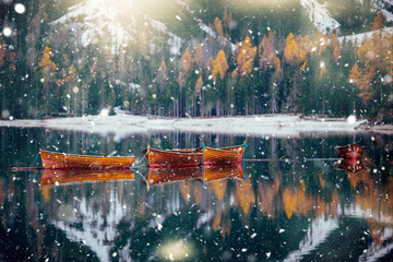 Braies lake in winter time with snowfall.