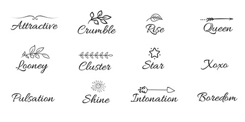 Attractive, Looney, Pulsation, Crumble, Cluster, Shine, Rise, Star, Intonation, Queen, Xoxo, Boredom. Calligraphy sayings for print