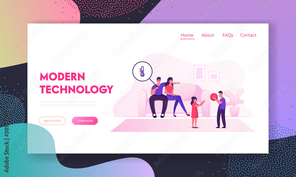 Poster modern technologies and smart home website landing page. happy family spend time in their apartment.
