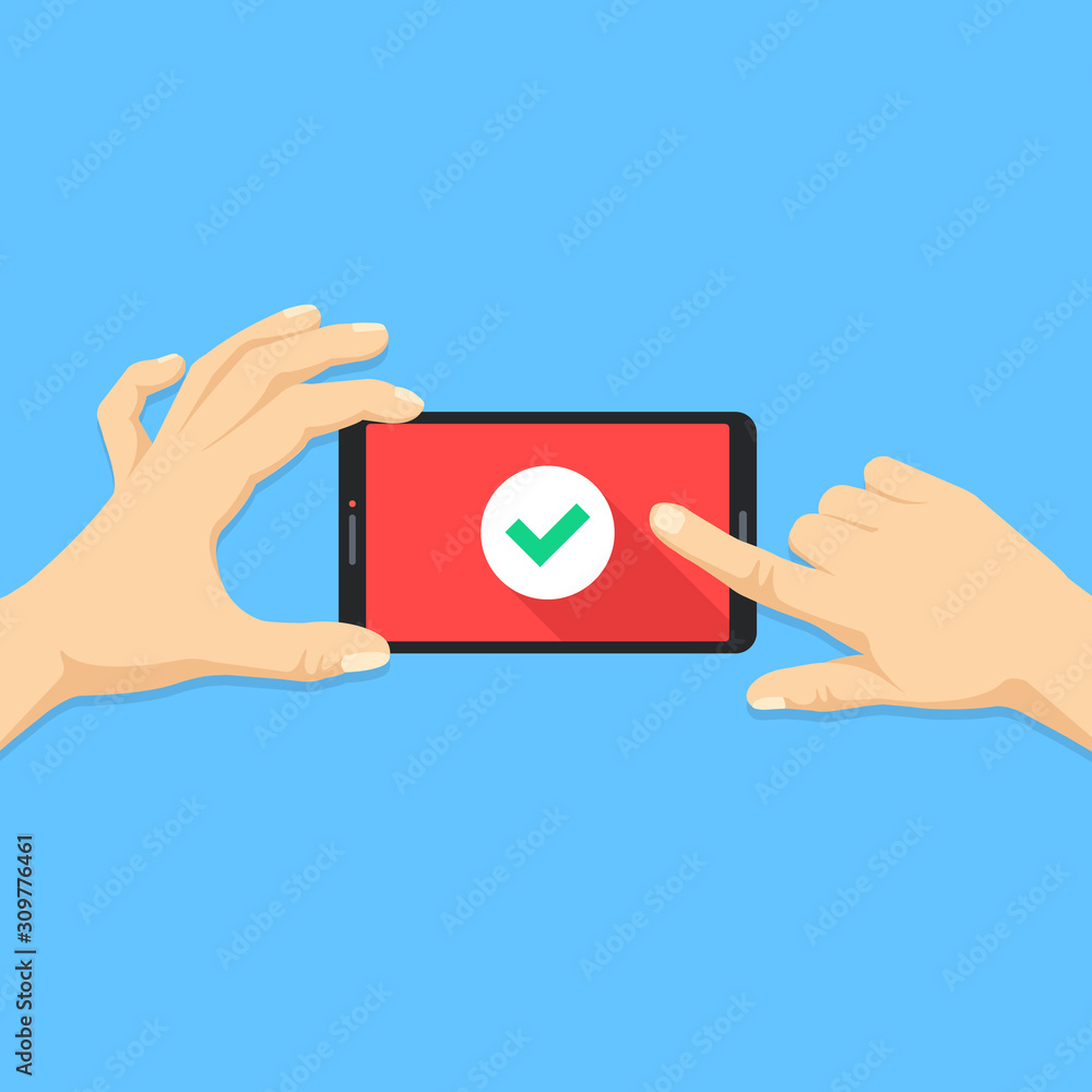 Poster hands holding smart phone with check mark button on screen. smartphone and checkmark icon. unlocking