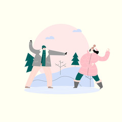 Man and woman playing in snowballs. Vector illustration.