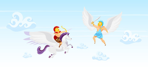 Fighters in sky flat vector illustration. Warriors battle. Man flying on pegasus. Icarus with wings. Heroes duel in air. Fantastical creatures. Greek mythology. Gladiator cartoon characters