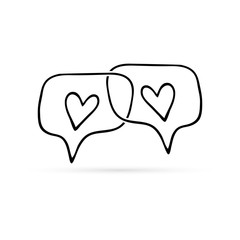 Doodle chat icon with heart. Kids hand drwing art line. Speech symbol for web site design, logo, app, UI. Outline vector illustration