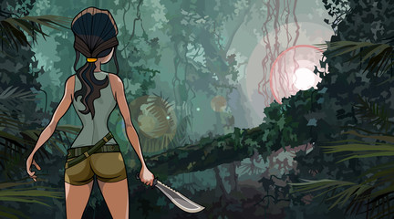cartoon woman with machete in the rainforest - obrazy, fototapety, plakaty