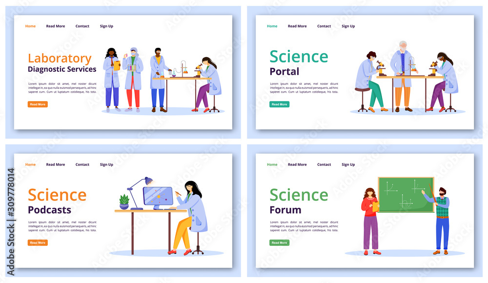 Poster science services landing page vector template set. modern learning technology website interface idea